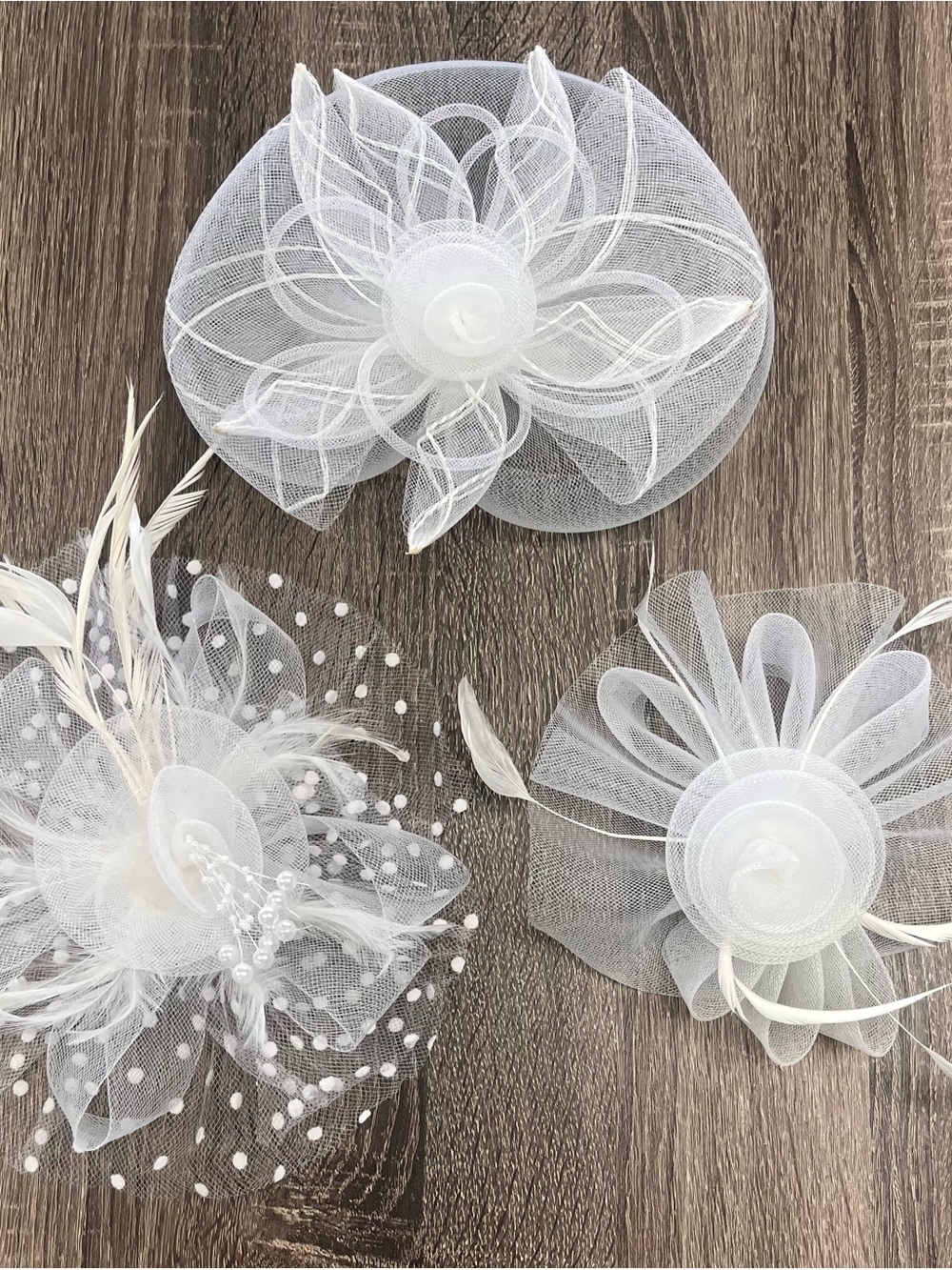 White Mesh Flower Fascinators - Set of 3 Pearl and Gem accents Clip on